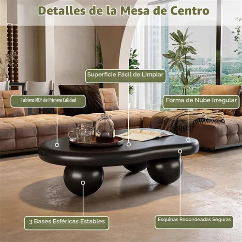 Vista 3 de Mesa de Centro Cloud para Sala de Estar con Esquinas Redondeadas, Mesa Central de Estilo Moderno con 3 Patas en Forma de Pelota, Mesa de Té