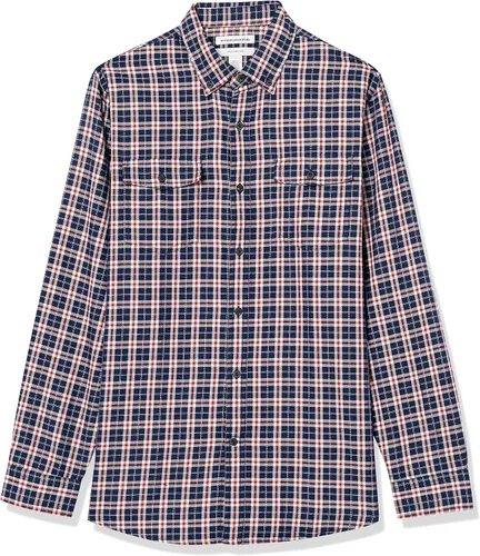 Vista 6 de Tienda Essentials Camisa de sarga de dos bolsillos a cuadros de manga larga ajustada para hombre