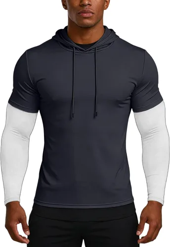 Vista 5 de Sudadera con capucha de secado rápido para hombre, manga larga, falsa de dos piezas, color sólido, camiseta atlética para entrenamiento y fitness