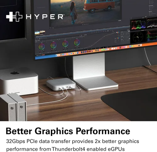 Vista 5 de Hyper Unidad USB-C y Thunderbolt 4 Hub con fuente de alimentación GaN integrada: tres puertos Thunderbolt 4 downstream y un puerto ascendente
