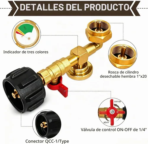 Vista 4 de Adaptador de Recarga de Propano para Tanques de 1 Libra, Adaptador de Propano de 20 libras a 1 libra Convertidor con Válvula Medidora, Adaptador