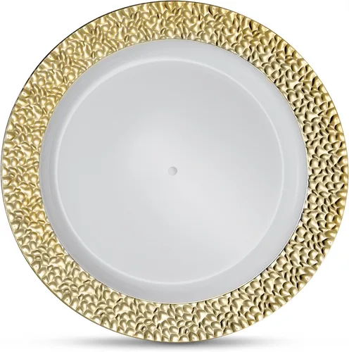 Vista 4 de Laura Stein [60 platos de 10 pulgadas] vajilla de diseñador de plástico pesado de alta calidad con borde dorado, plato de fiesta y boda, serie