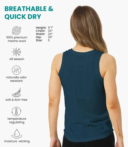 Vista 2 de 100% Merino Wool Tank Top Women - Active Sleeveless Undershirt Base Layer Denim Cuello Alto