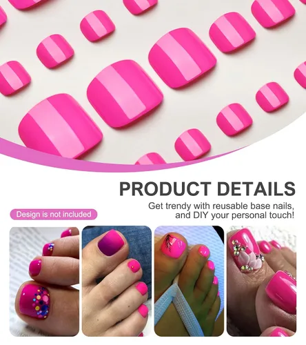 Vista 5 de Uñas postizas a presión para los dedos, color rosa intenso, color sólido, para verano, uñas postizas, kit de pedicura para mujeres, 28 piezas