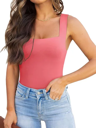Vista 26 de Reoria - Camiseta sin mangas sexy tipo body con escote cuadrado para mujer, ropa para discoteca
