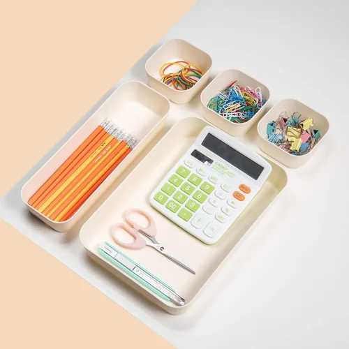 Vista 3 de Juego de 12 organizadores de cajones de escritorio de plástico de color beige para maquillaje, baño, oficina, cocina, cajón, caja de almacenamiento