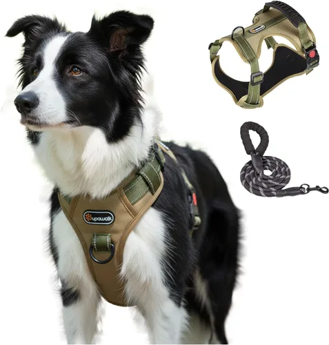 Vista 12 de Arnés táctico para perro, ajustable, sin tirones, con correas reflectantes y asa, arnés para cachorros con clips metálicos dobles para correa