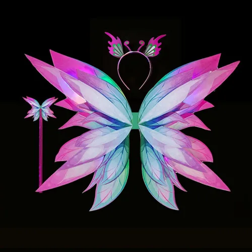 Vista 4 de Juaugusep Disfraz de Halloween para niños, falda de tul iluminada, alas de mariposa, diadema de palo de hada, recuerdo de fiesta para cosplay