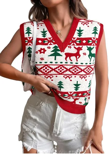 Vista 5 de JULYCLO Chaleco de Suéter Navideño para Mujer, Suéter Feo de Renos Tejidos y Copo de Nieve, Estilo Casual, con Cuello en V, Sin Mangas, Parte Negro