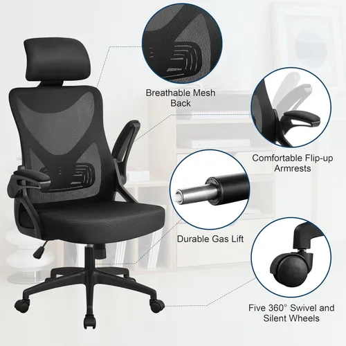 Vista 5 de Yaheetech Silla ergonómica de oficina con reposacabezas, soporte lumbar, color negro (paquete de 2)