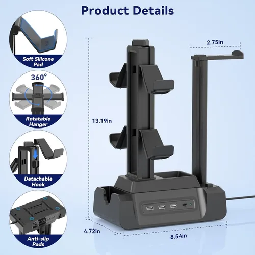 Vista 6 de KDD Estación de carga para múltiples dispositivos - Base de carga de 4 puertos con controlador y soporte para auriculares - 3 USB A y 1 USB C