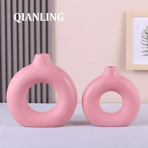 Vista 7 de Juego de 2 o 2 jarrones redondos de cerámica rosa, modernos jarrones rosados para centros de mesa, florero para decoración, se aplica a la sala