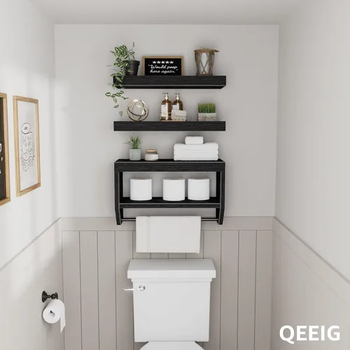 Vista 6 de Estantes flotantes de baño QEEIG para pared - Estante sobre inodoro para almacenamiento de papel higiénico estilo granja 40.6 cm, juego de 3, negro