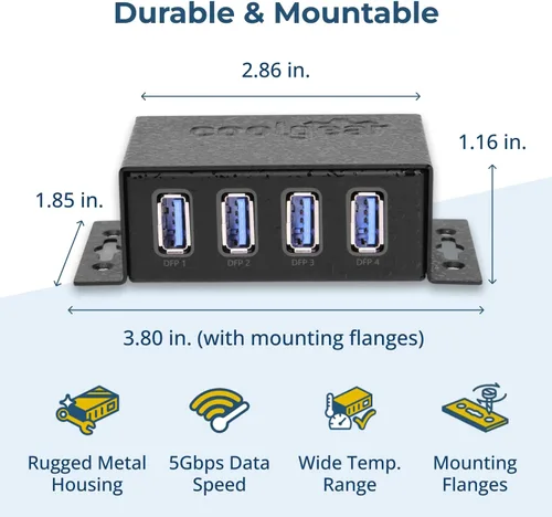 Vista 3 de Coolgear Concentrador USB 3.2 Gen 1 – Hub USB de 4 puertos con transferencia de datos de 5 Gbps, carcasa de metal montable, adaptador de corriente
