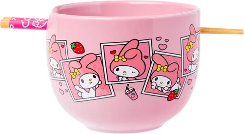 Vista 141 de Silver Buffalo Hello Kitty y sus amigos Chococat - Tazón de cerámica para ramen y arroz con palillos, patrón a cuadros, apto para microondas, 20