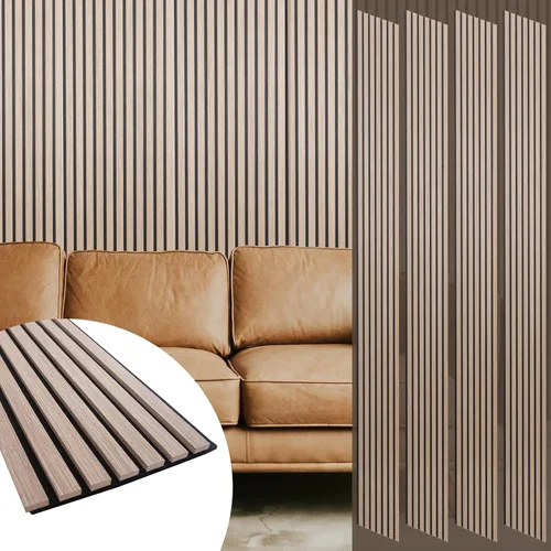 Vista 9 de Yuzzy Paneles de madera para pared y techo, paneles acústicos de listones de madera de 108 x 11 pulgadas, 2 unidades, paneles de pared modernos que