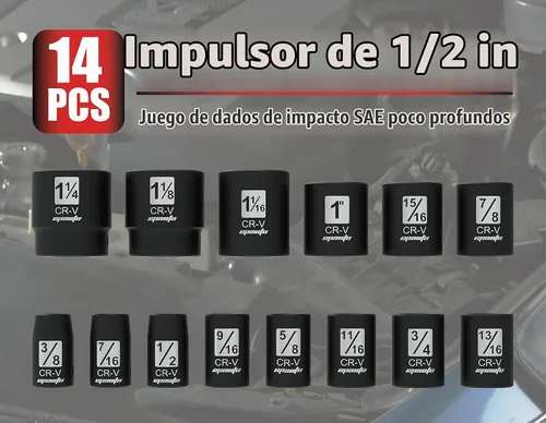 Vista 2 de EPAuto - Juego de llaves de vaso de impacto poco profundas SAE de 1/2 pulgada, CRV, 6 puntos, 14 enchufes