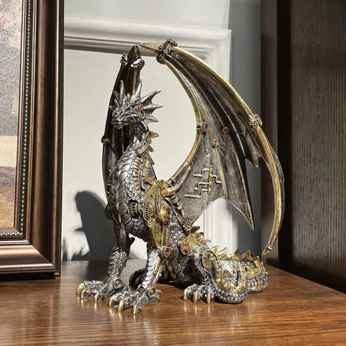 Vista 9 de Estatua de dragón steampunk gótica retro equipo mecánico sentado dragón de aspecto metálico, escultura de resina para el hogar, decoración de cuevas