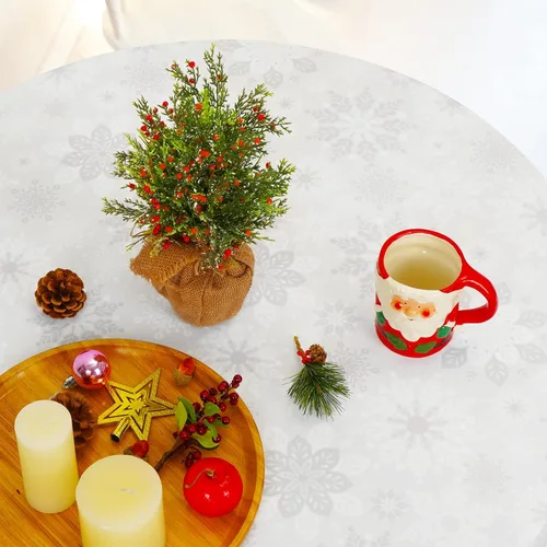 Vista 4 de Mantel de Navidad, mantel de copo de nieve gris y blanco, mantel impermeable de Navidad gris para comedor, cocina, vacaciones de invierno, funda