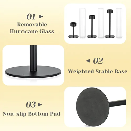 Vista 5 de Hewory Portavelas cónicos negros: juego de portavelas de 3 piezas de vidrio huracán alto para candelabros, portavelas para decoración de mesa