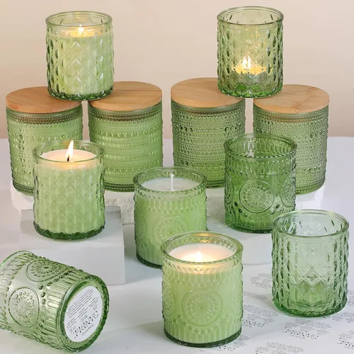 Vista 10 de DARJEN Paquete de 12 tarros de vela de ámbar para hacer velas - 3 estilos de tarros de vidrio para hacer velas a granel con tapas de bambú
