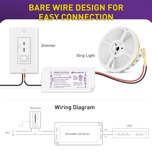 Vista 4 de HitLights Controlador LED regulable de 60 W, transformador electrónico, fuente de alimentación de 120 V CA a 12 V CC para tira de luces LED