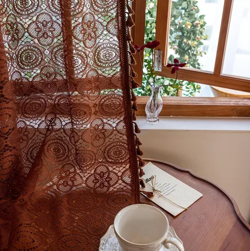 Vista 25 de YJ YANJUN - Cortinas de café boho, 24 pulgadas de largo, 2 paneles, cada una de 59" de ancho x 24" de largo, beige, con crochet, cortinas de cocina
