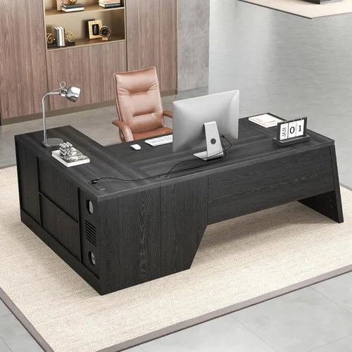 Vista 4 de Epecoya Escritorio ejecutivo en forma de L de 78 pulgadas, escritorio grande y moderno para oficina en casa con cajón y gestión de sujeción