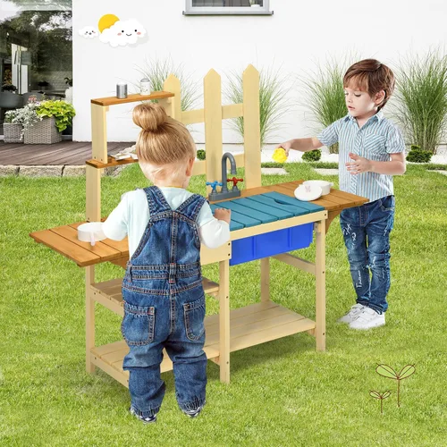 Vista 8 de HONEY JOY Juego de cocina de barro para niños, para interiores y exteriores, juguete de simulación de madera con fregadero extraíble, grifo