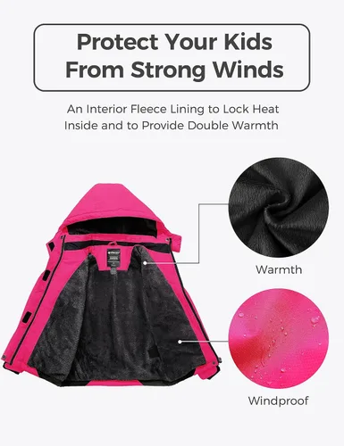 Vista 4 de Wantdo - Chaqueta impermeable para niñas, con capucha, de invierno con forro polar, para la nieve, resistente al agua, ropa exterior Rojo rosa