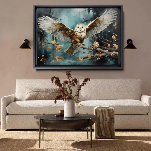 Vista 2 de Flying owl with trees, leaves, forest double exposure, nature animal, owl illusion art, wrapped framed canvas print, office wall art