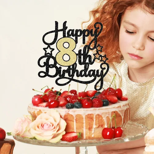 Vista 5 de 1 pieza de decoración de pastel de 8º cumpleaños con purpurina y saludos a 8 años, decoración de pastel de feliz cumpleaños para fiesta de 8 años