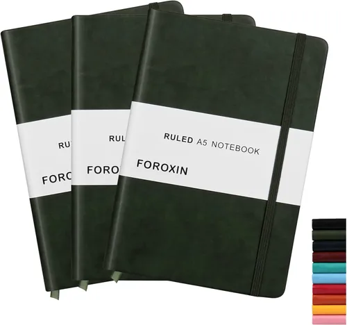 Vista 8 de Cuaderno rayado de tapa dura, tamaño A5, con forro de 8.3 x 5.7 pulgadas, papel grueso premium de 80 gsm (100 hojas/200 páginas). Tapa dura de piel