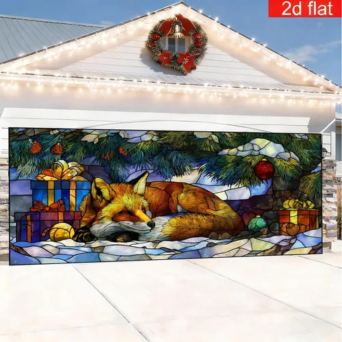 Vista 3 de Cubierta Navideña para Puerta de Garaje, 6 x 13 pies Animales Lindos del Bosque Invernal Zorro, Decoración Navideña para Porche y Patio Exterior