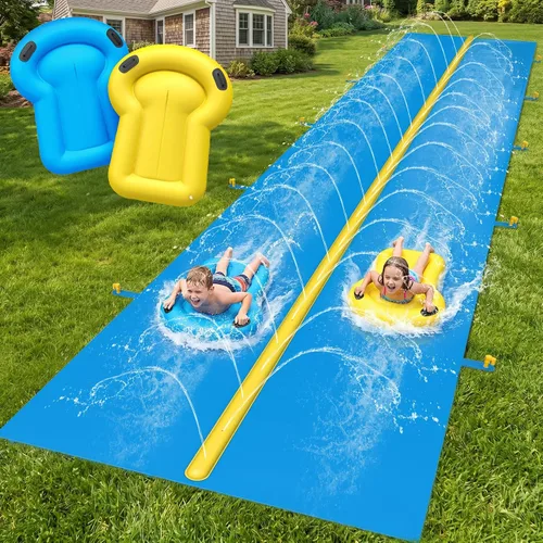 Vista 9 de Evoio Tobogán acuático, tobogán acuático inflable de 32.8 pies con 2 carriles de carreras para niños, niñas y adultos, tobogán acuático al aire