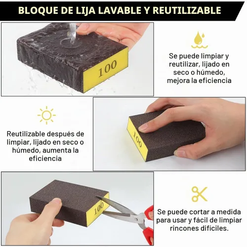 Vista 5 de Romeda Paquete de 8 bloques de papel de lija, esponja de lijado hecha a mano lavable y reutilizable de 100 granos, bloques de papel de lija para 100