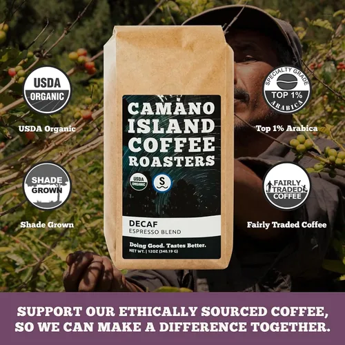 Vista 4 de Camano Island Coffee Roasters Mezcla de espresso descafeinado, grano entero de 12 onzas, tostado oscuro fresco de agua suiza procesada, orgánico