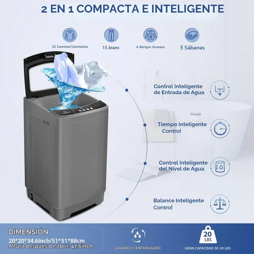 Vista 2 de Nictemaw Portable Washing Machine, 20Lbs Capacity, Dark Gray, Glass Cover Top Load Washing Machine, Large Capacity, 10 Programs and 8 Water Level