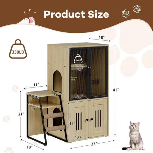 Vista 2 de Caja de arena para gatos para 2 gatos y puertas, casa doble para gatos con espacio de almacenamiento, casa de juegos para gatos con hamaca y puerta