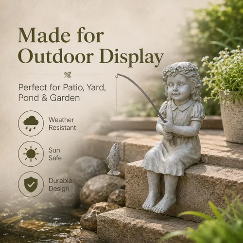 Vista 5 de Goodeco Estatua de jardín de Fishergirl – Pequeño pescador de 11 pulgadas para estanque Koi o cascadas, estatua junto a la piscina con guijarros que