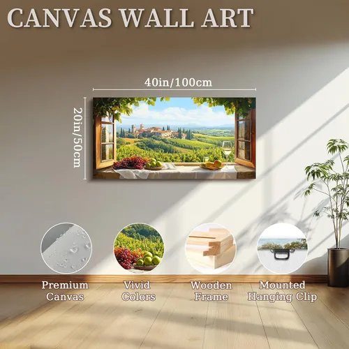Vista 5 de crmotu Vineyard Arte de Pared de Ventana Falsa, Obra de Arte Grande de Paisaje de Campo Italiano, Impresiones de Campos de Uva Decoración de Pared