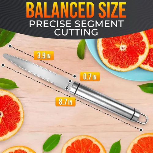Vista 3 de Cuchillo de toronja con doble hoja dentada curva, cortador y pelador de frutas cítricas de acero inoxidable con mango ergonómico, apto