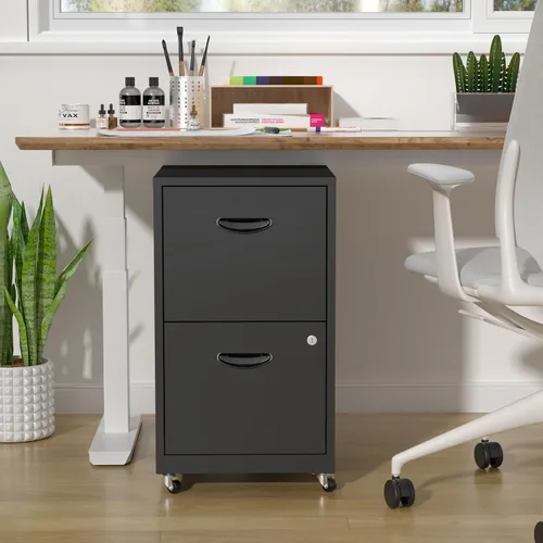 Vista 7 de Archivador móvil de 2 cajones con cerradura, archivadores de metal con ruedas, gabinete de almacenamiento enrollable negro, archivador vertical