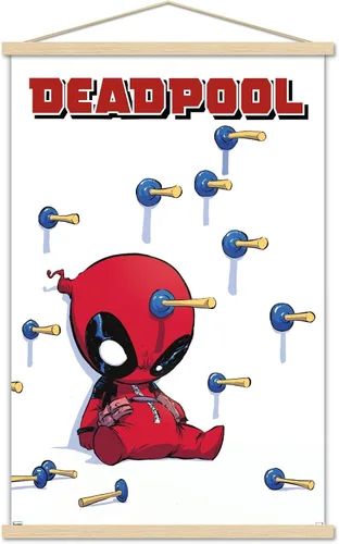 Vista 16 de Trends International Marvel Comics Deadpool - Póster de pared de dardos, 22.4 pulgadas de largo x 14.7 W, versión enmarcada de madera de granero