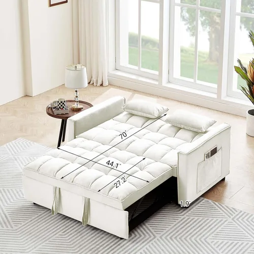 Vista 9 de Sofá cama convertible 3 en 1, sofá biplaza moderno de terciopelo con almohadas y bolsillos laterales, sofá extraíble de 2 plazas para espacios Crema