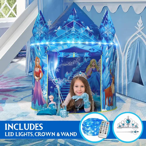 Vista 3 de W&O Tienda de campaña de princesa congelada para niñas con botón de sonido mágico, luces LED, corona y varita – Tienda de campaña congelada