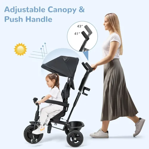 Vista 8 de INFANS Triciclo para Niños, Triciclo de Bebé 6 en 1 Bicicleta para Niños Pequeños con Asiento Reversible, Mango de Empuje Ajustable, Control