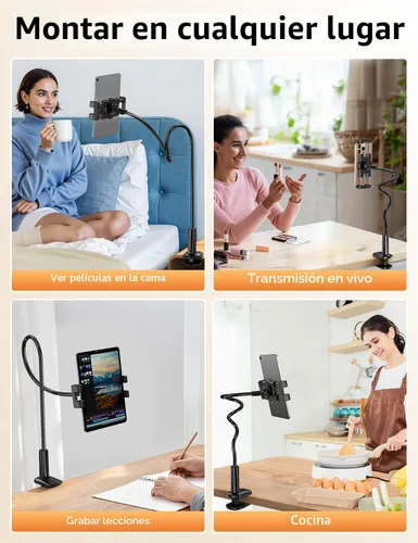 Vista 7 de bokilino Soporte para tablet de cuello de cisne para cama, ajustable, flexible, de brazo largo, abrazadera de montaje en la mesa, compatible