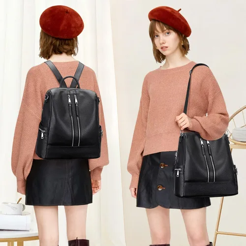Vista 3 de ALTOSY Mochila de cuero genuino para mujer, bolsa de hombro convertible con compartimento para computadora portátil