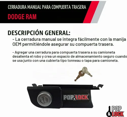 Vista 4 de Pop & Lock - Cerradura manual de puerta trasera para Dodge Ram, Negro